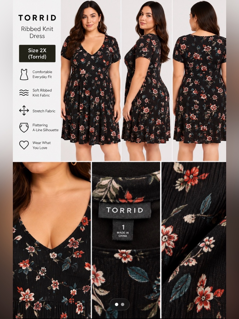 torrid Black Floral Midi Dress with Red & Cream Blooms